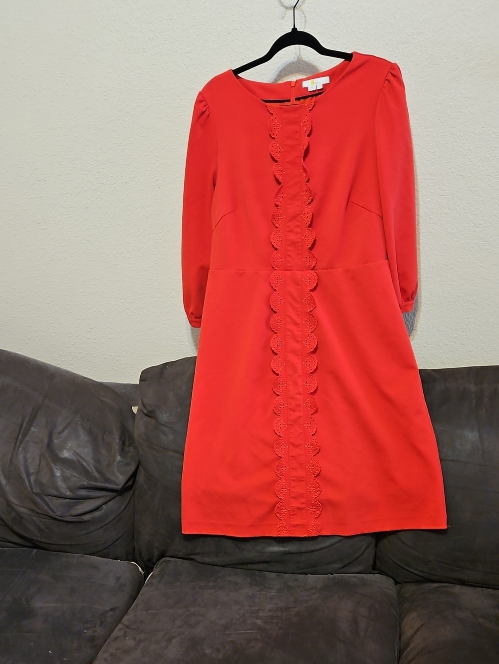 Boden Coral-Red Scalloped-Trim Midi Dress